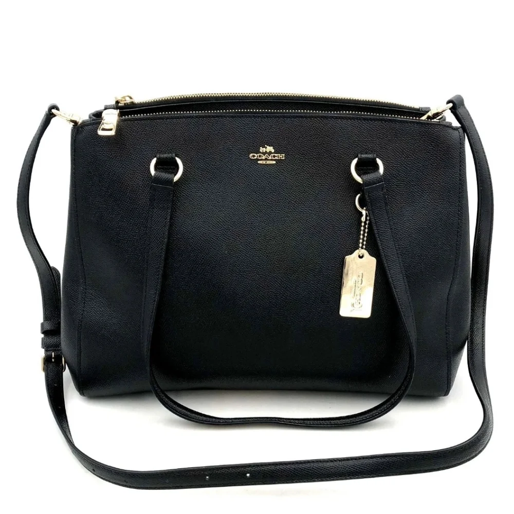 Coach Black Leather Double-Handle Crossbody Satchel with Gold Hardware